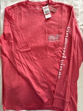 Vineyard Vines Coral Long-Sleeve Lacrosse Pocket Tee with Sleeve Logo
